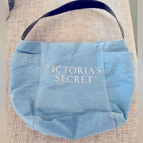 Victoria Secret Denim Tote Blue Jean Studded Shoulder Carry Shoppers Hand Bag - Picture 1 of 9